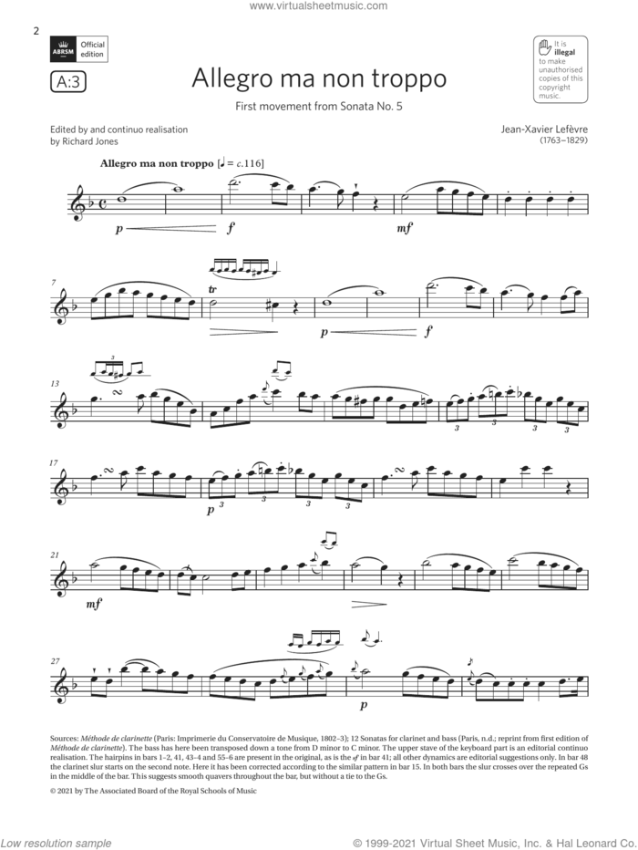 Allegro ma non troppo (from Sonata No5)(Grade 6 List A3 from the ABRSM Clarinet syllabus from 2022) sheet music for clarinet solo by Jean-Xavier Lefèvre, classical score, intermediate skill level