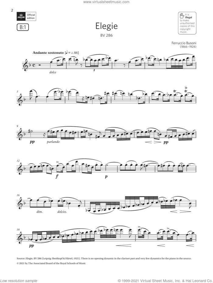 Elegie, BV 286 (Grade 7 List B1 from the ABRSM Clarinet syllabus from 2022) sheet music for clarinet solo by Ferruccio Busoni, classical score, intermediate skill level