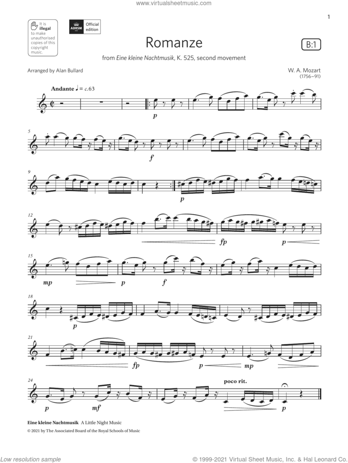 Romanze (from Eine kleine Nachtmusik)  (Grade 4 List B1 from the ABRSM Clarinet syllabus from 2022) sheet music for clarinet solo by Wolfgang Amadeus Mozart and Alan Bullard, classical score, intermediate skill level