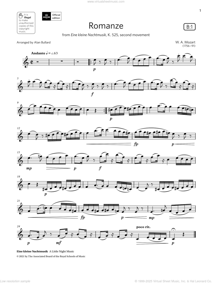 Romanze (from Eine kleine Nachtmusik)  (Grade 4 List B1 from the ABRSM Clarinet syllabus from 2022) sheet music for clarinet solo by Wolfgang Amadeus Mozart and Alan Bullard, classical score, intermediate skill level