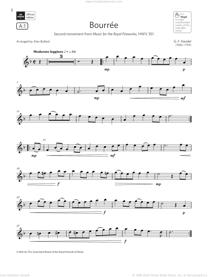 Bourree (from Music for the Royal Fireworks)(Grade 2 A1, the ABRSM Saxophone syllabus from 2022) sheet music for saxophone solo by George Frideric Handel and Alan Bullard, classical score, intermediate skill level