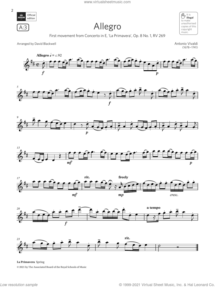 Allegro (from Concerto in E, Op.8 No.1)  (Grade 3 A3 from the ABRSM Saxophone syllabus from 2022) sheet music for saxophone solo by Antonio Vivaldi and David Blackwell, classical score, intermediate skill level