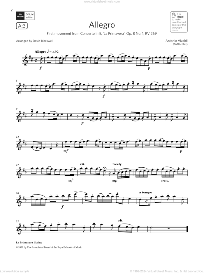 Allegro (from Concerto in E, Op.8 No.1)  (Grade 3 A3 from the ABRSM Saxophone syllabus from 2022) sheet music for saxophone solo by Antonio Vivaldi and David Blackwell, classical score, intermediate skill level