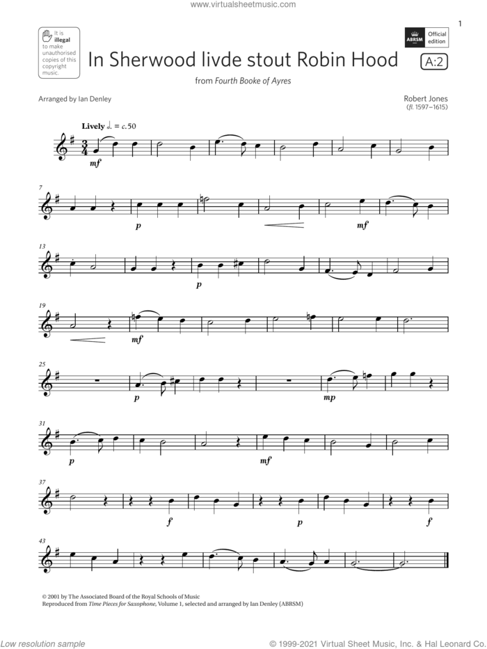 In Sherwood livde stout Robin Hood (Grade 2 List A2 from the ABRSM Saxophone syllabus from 2022) sheet music for saxophone solo by Robert Jones and Ian Denley, classical score, intermediate skill level