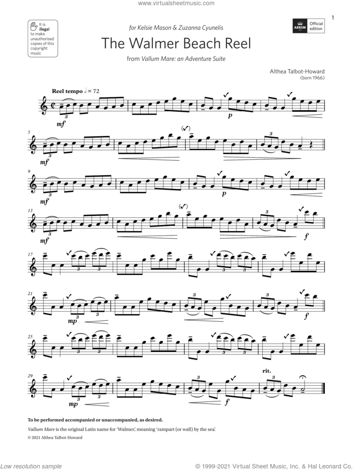 The Walmer Beach Reel (Grade 4 List C9 from the ABRSM Treble Recorder syllabus from 2022) sheet music for recorder solo by Althea Talbot-Howard, classical score, intermediate skill level