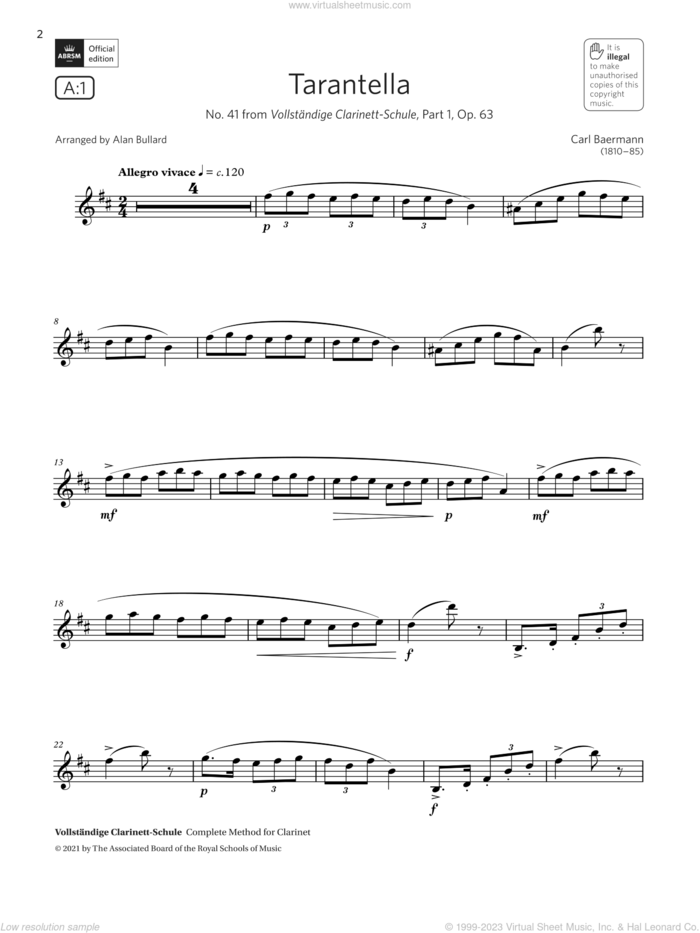 Tarantella (from Vollstandige Clarinett-Schule)(Grade 5 A1, the ABRSM Saxophone syllabus from 2022) sheet music for saxophone solo by Carl Baermann and Alan Bullard, classical score, intermediate skill level