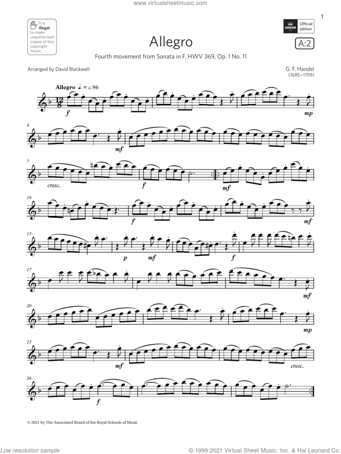 Allegro (from Sonata in F, Op.1 No.11)  (Grade 4 A2 from the ABRSM Saxophone syllabus from 2022) sheet music for saxophone solo by George Frideric Handel and David Blackwell, classical score, intermediate skill level
