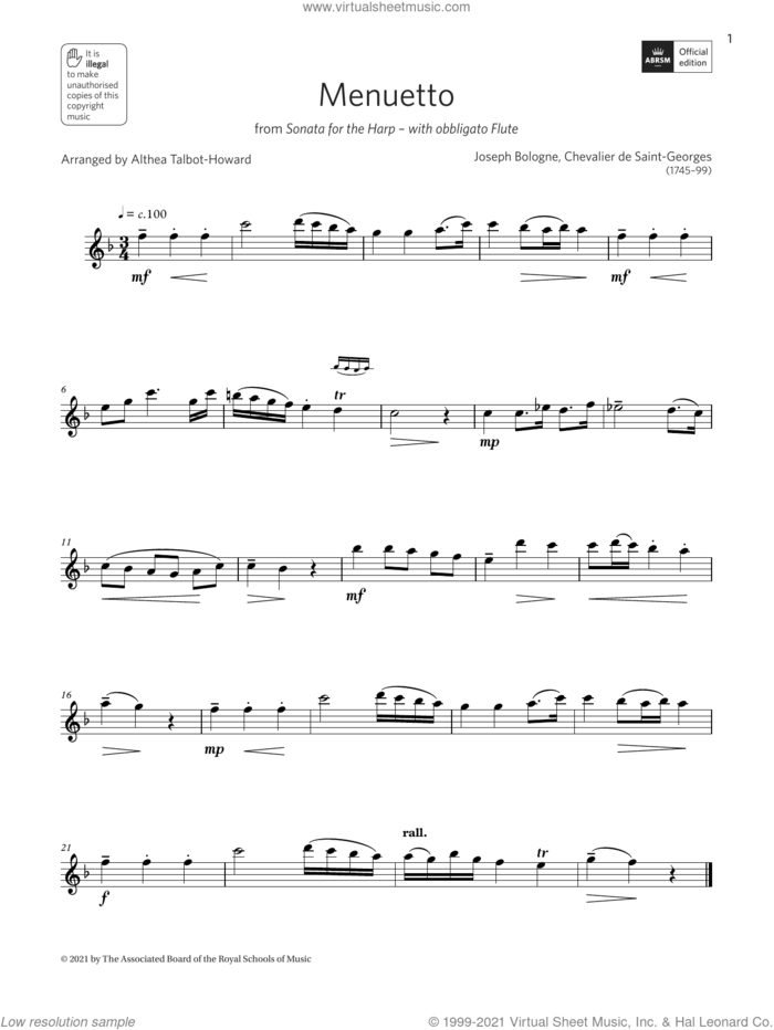 Menuetto from Sonata for the Harp (Grade 2 A5 from the ABRSM Treble Recorder syllabus from 2022) sheet music for recorder solo by Chevalier de Saint-Georges, Althea Talbot-Howard and Joseph Bologne, classical score, intermediate skill level