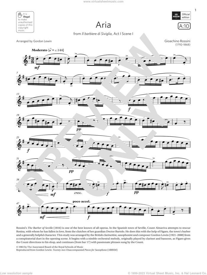 Aria (from Il barbiere di Siviglia)  (Grade 5 List A10 from the ABRSM Saxophone syllabus from 2022) sheet music for saxophone solo by Gioacchino Rossini and Gordon Lewin, classical score, intermediate skill level