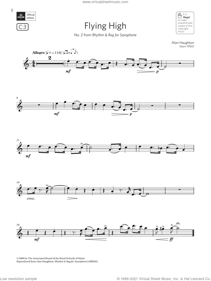 Flying High (No. 2 from Rhythm and Rag) (Grade 2 List C3 from the ABRSM Saxophone syllabus from 2022) sheet music for saxophone solo by Alan Haughton, classical score, intermediate skill level