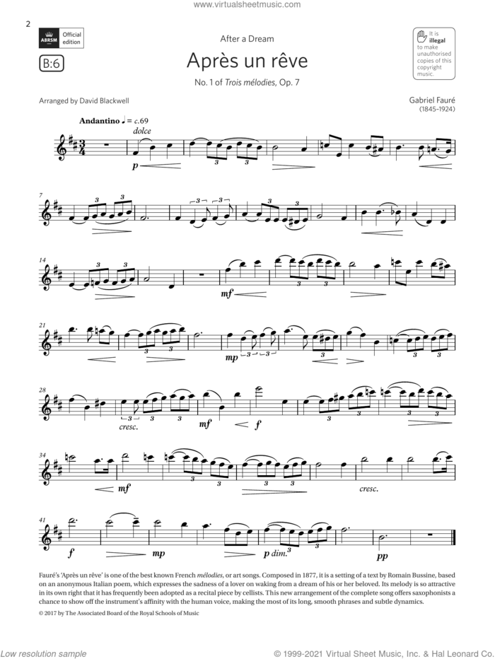 Apres un reve (from Trois melodies, Op. 7) (Grade 5 B6, the ABRSM Saxophone syllabus from 2022) sheet music for saxophone solo by Gabriel Faure and David Blackwell, classical score, intermediate skill level