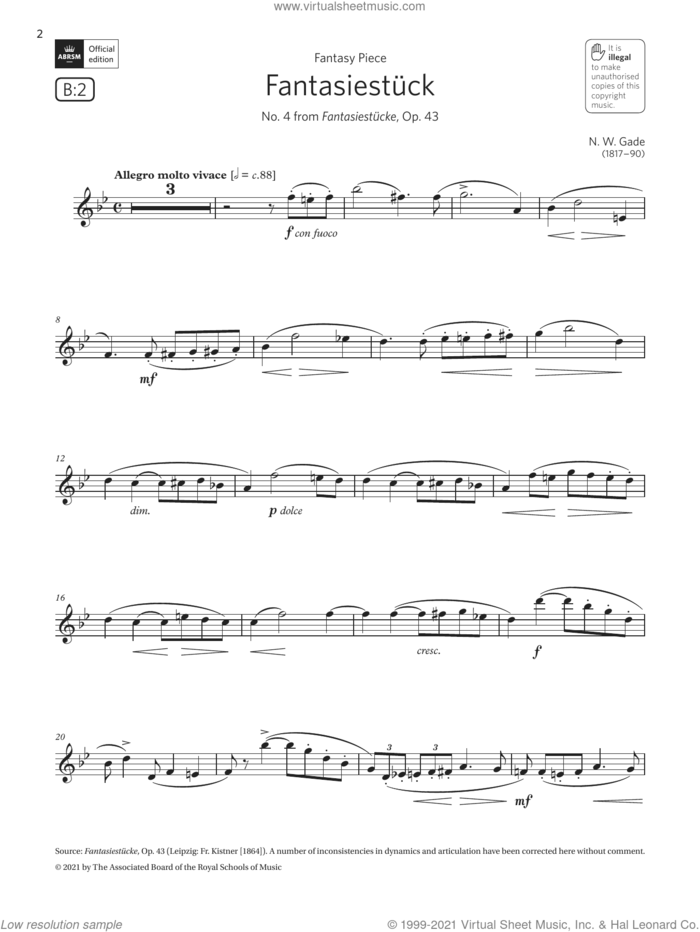 Fantasiestuck (No. 4 from Fantasiestucke) (Grade 6 List B2 ABRSM Clarinet syllabus from 2022) sheet music for clarinet solo by Niels Wilhelm Gade, classical score, intermediate skill level