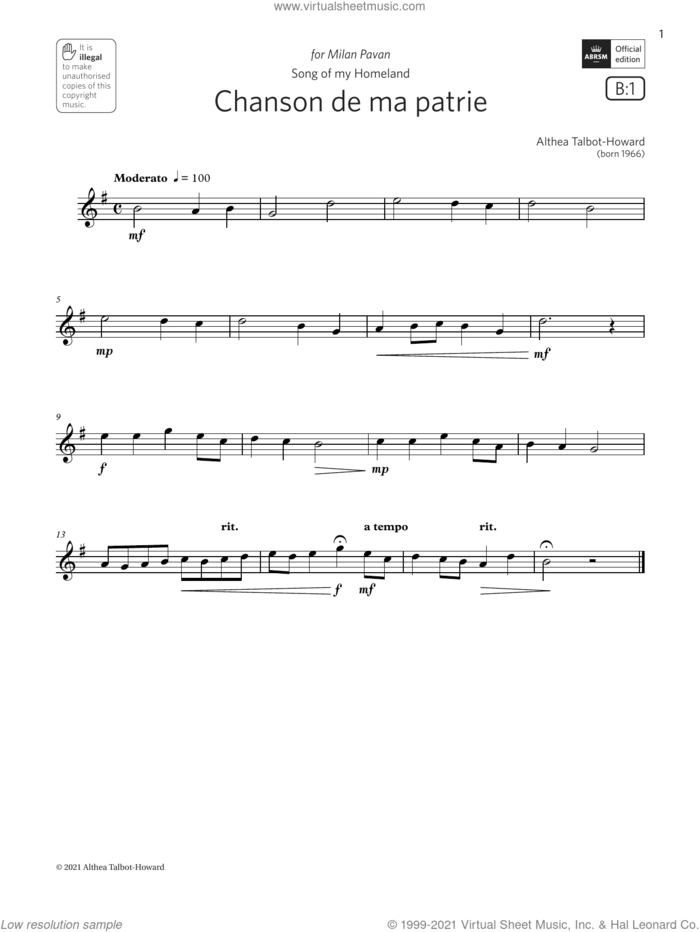 Chanson de ma patrie (Grade 1 List B1 from the ABRSM Saxophone syllabus from 2022) sheet music for saxophone solo by Althea Talbot-Howard, classical score, intermediate skill level