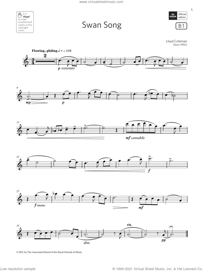 Swan Song (Grade 3 List B1 from the ABRSM Saxophone syllabus from 2022) sheet music for saxophone solo by Lloyd Coleman, classical score, intermediate skill level