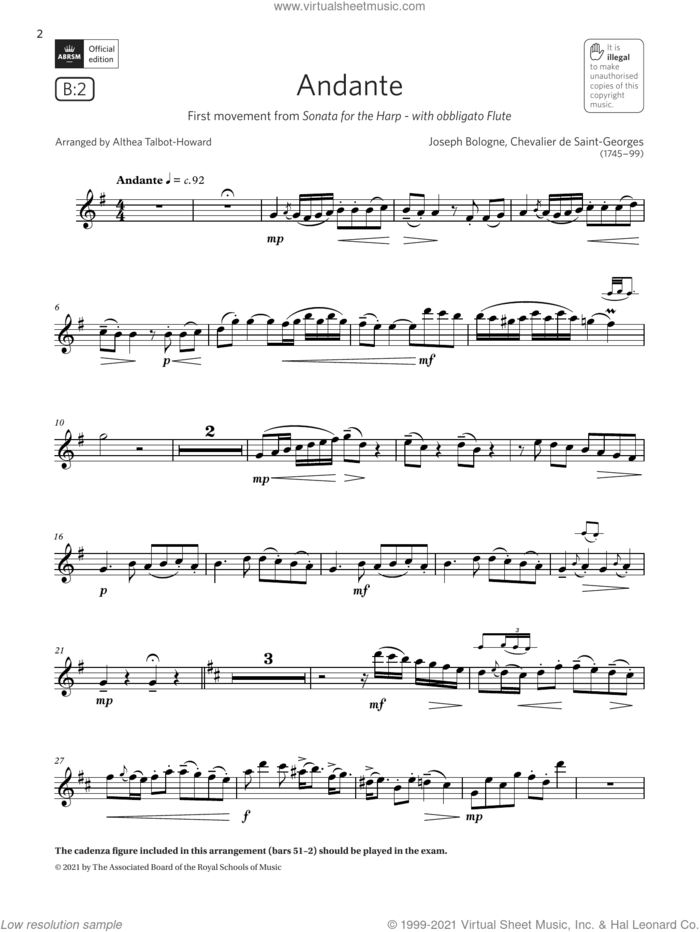 Andante (from Sonata for the Harp) (Grade 5 List B2 from the ABRSM Saxophone syllabus from 2022) sheet music for saxophone solo by Chevalier de Saint-Georges, Althea Talbot-Howard and Joseph Bologne, classical score, intermediate skill level