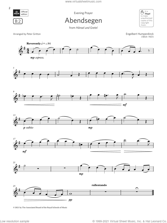 Abendsegen (from Hansel und Gretel)  (Grade 2 List B2 from the ABRSM Saxophone syllabus from 2022) sheet music for saxophone solo by Engelbert Humperdinck and Peter Gritton, intermediate skill level