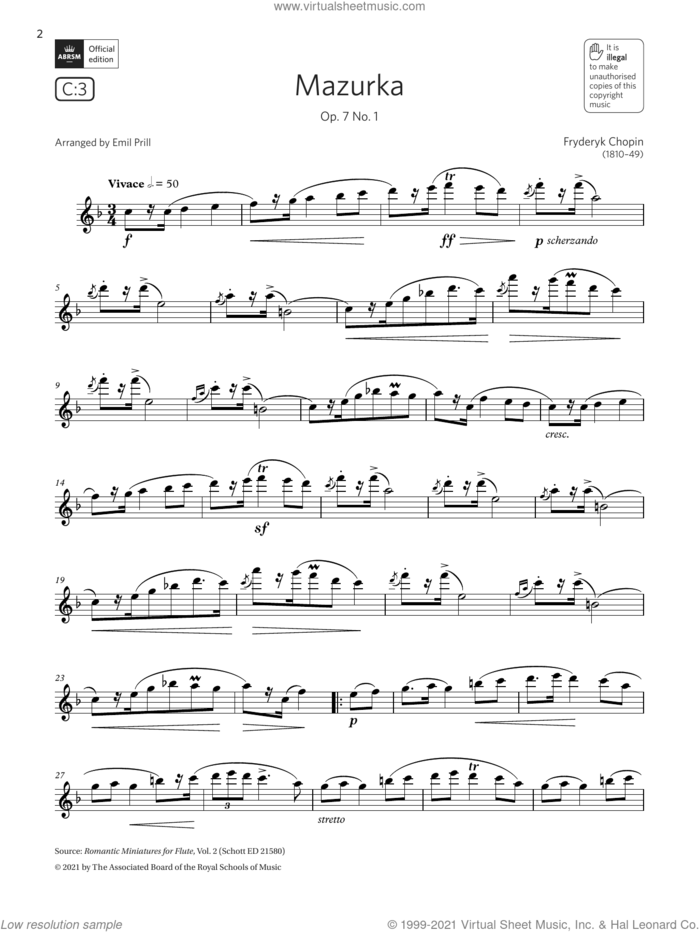 Mazurka, Op. 7 No. 1  (Grade 5 List C3 from the ABRSM Flute syllabus from 2022) sheet music for flute solo by Frederic Chopin and Emil Prill, classical score, intermediate skill level