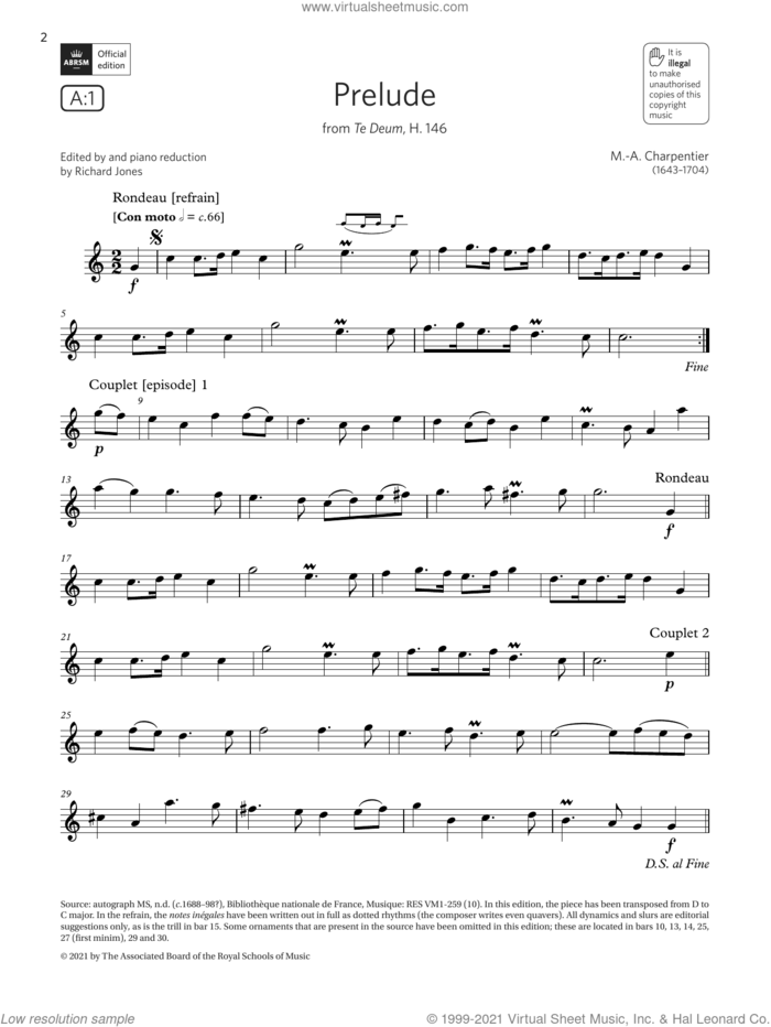Prelude (from Te Deum, H. 146) (Grade 3 List A1 from the ABRSM Flute syllabus from 2022) sheet music for flute solo by Marc-Antoine Charpentier, classical score, intermediate skill level