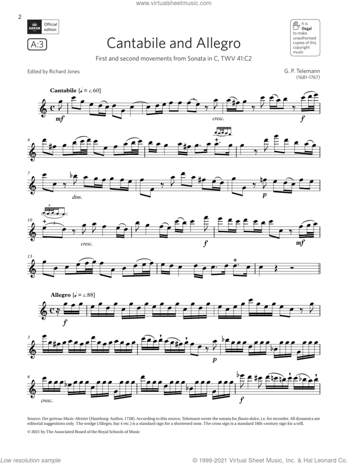Cantabile and Allegro (from Sonata in C) (Grade 6 List A3 from the ABRSM Flute syllabus from 2022) sheet music for flute solo by Georg Philipp Telemann, classical score, intermediate skill level