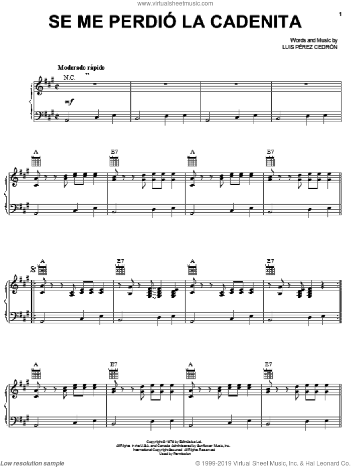 Se Me Perdio La Cadenita sheet music for voice, piano or guitar by Luiz Perez Cedron, intermediate skill level