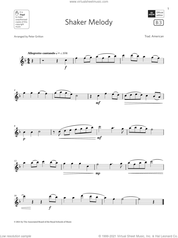 Shaker Melody  (Grade 2 List B3 from the ABRSM Flute syllabus from 2022) sheet music for flute solo by Trad. American and Peter Gritton, classical score, intermediate skill level