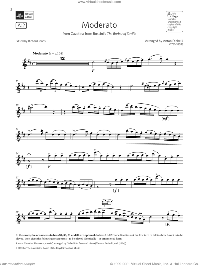 Moderato (from Rossini's The Barber of Seville)(Grade 7 A2 from the ABRSM Flute syllabus from 2022) sheet music for flute solo by Antonio Diabelli, classical score, intermediate skill level