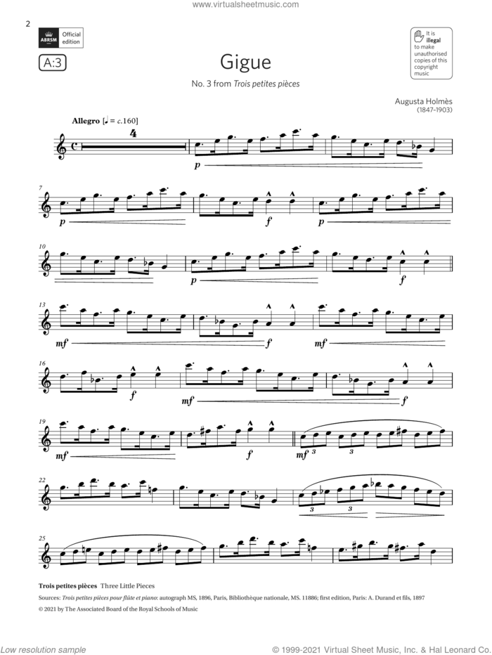 Gigue (No. 3 from Trois petites pieces) (Grade 5 List A3 from the ABRSM Flute syllabus from 2022) sheet music for flute solo by Augusta Holmès, classical score, intermediate skill level