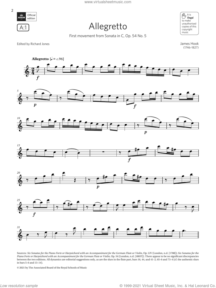 Allegretto (from Sonata in C, Op.54 No.5) (Grade 4 List A1 from the ABRSM Flute syllabus from 2022) sheet music for flute solo by James Hook, classical score, intermediate skill level