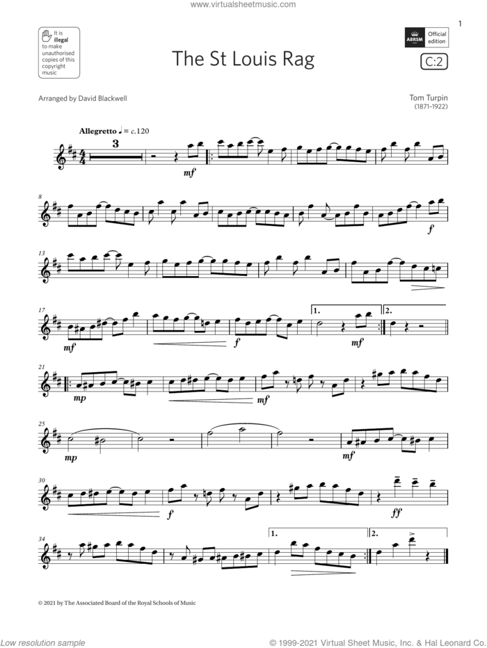 The St Louis Rag  (Grade 3 List C2 from the ABRSM Flute syllabus from 2022) sheet music for flute solo by Tom Turpin and David Blackwell, classical score, intermediate skill level