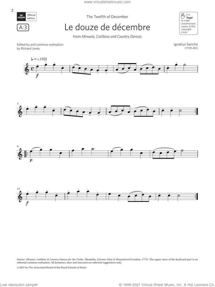 Le douze de decembre (Grade 1 List A3 from the ABRSM Flute syllabus from 2022) sheet music for flute solo by Ignatius Sancho, classical score, intermediate skill level