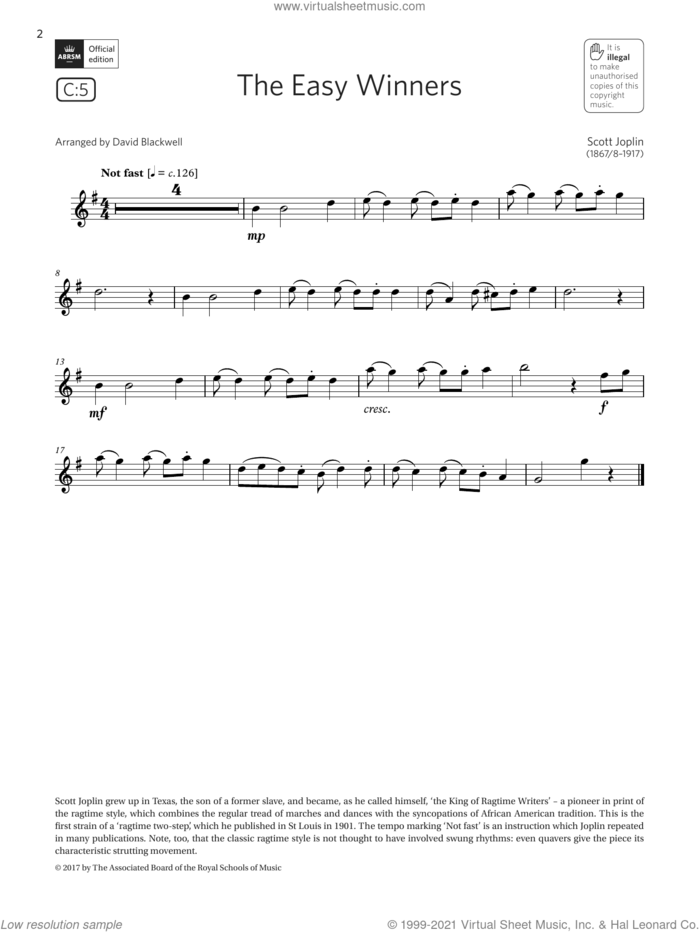 The Easy Winners  (Grade 1 List C5 from the ABRSM Flute syllabus from 2022) sheet music for flute solo by Scott Joplin and David Blackwell, classical score, intermediate skill level