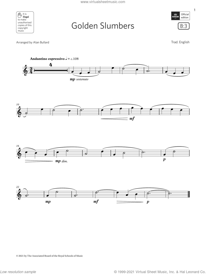 Golden Slumbers  (Grade 1 List B3 from the ABRSM Flute syllabus from 2022) sheet music for flute solo by Trad. English and Alan Bullard, classical score, intermediate skill level