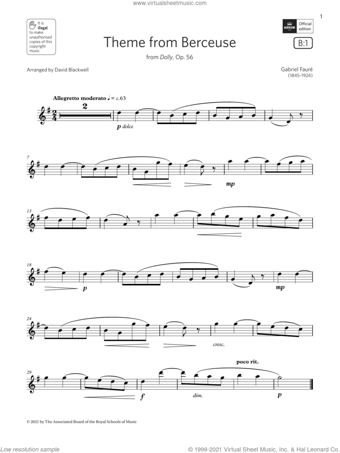 Theme from Berceuse (from Dolly, Op. 56)  (Grade 2 List B1 from the ABRSM Flute syllabus from 2022) sheet music for flute solo by Gabriel Faure and David Blackwell, classical score, intermediate skill level