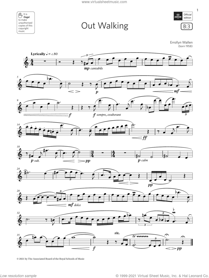 Out Walking (Grade 5 List B3 from the ABRSM Flute syllabus from 2022) sheet music for flute solo by Errollyn Wallen, classical score, intermediate skill level