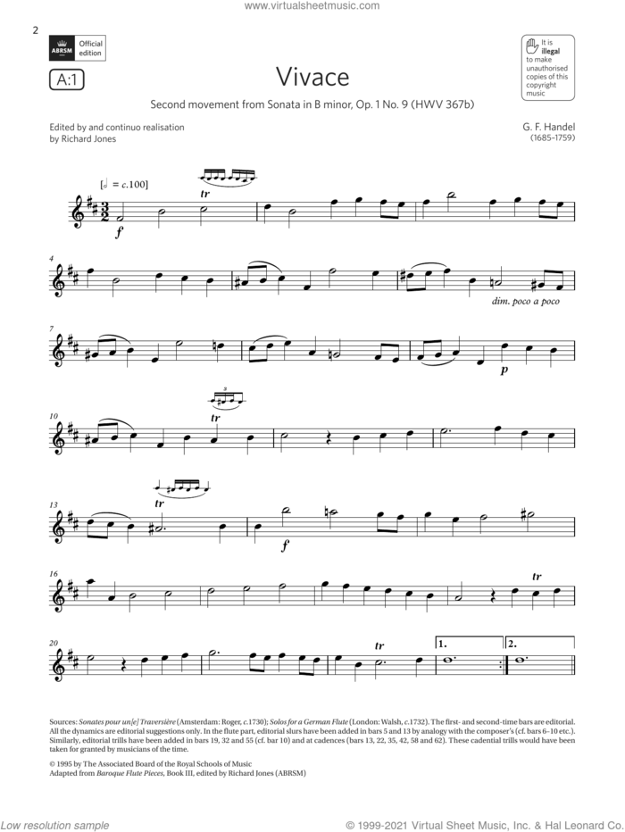 Vivace (from Sonata in B minor, Op.1 No.9)(Grade 5 List A1 from the ABRSM Flute syllabus from 2022) sheet music for flute solo by George Frideric Handel, classical score, intermediate skill level