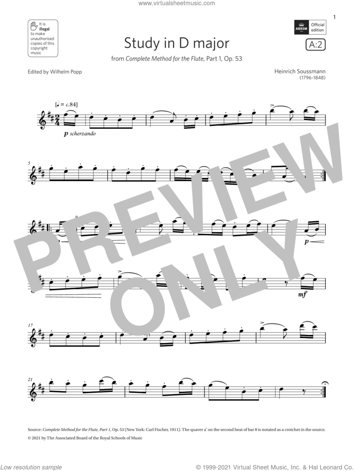 Study in D major (Grade 2 List A2 from the ABRSM Flute syllabus from 2022) sheet music for flute solo by Heinrich Soussmann, classical score, intermediate skill level