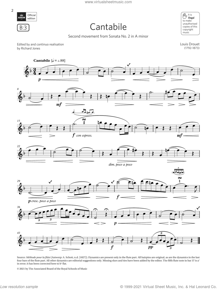 Cantabile (from Sonata No. 2 in A minor) (Grade 4 List B3 from the ABRSM Flute syllabus from 2022) sheet music for flute solo by Louis Drouet, classical score, intermediate skill level