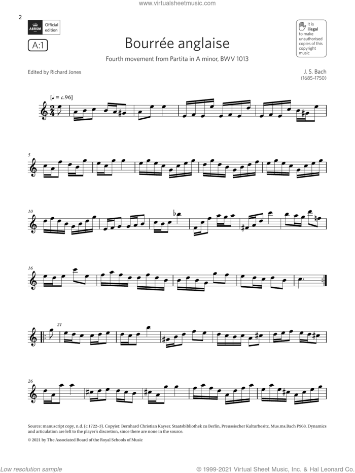 Bourree anglaise (from Partita in A minor)(Grade 6 List A1 from the ABRSM Flute syllabus from 2022) sheet music for flute solo by Johann Sebastian Bach, classical score, intermediate skill level