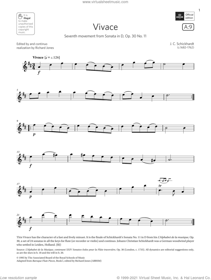 Vivace (from Sonata in D, Op. 30 No. 11) (Grade 2 List A9 from the ABRSM Flute syllabus from 2022) sheet music for flute solo by Schickhardt, classical score, intermediate skill level