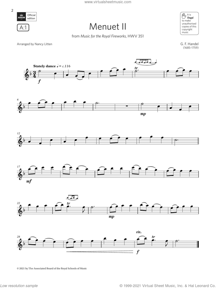 Menuet II (Music for the Royal Fireworks) (Grade 2 List A1 from the ABRSM Flute syllabus from 2022) sheet music for flute solo by George Frideric Handel and Nancy Litten, classical score, intermediate skill level