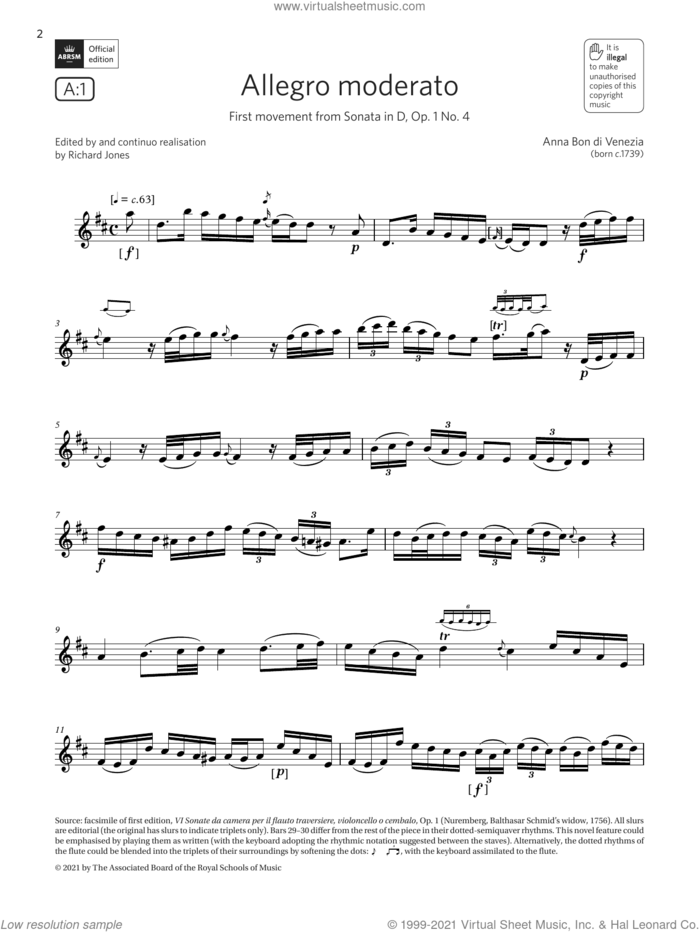 Allegro moderato (from Sonata in D) (Grade 7 List A1 from the ABRSM Flute syllabus from 2022) sheet music for flute solo by Anna Bon di Venezia, classical score, intermediate skill level