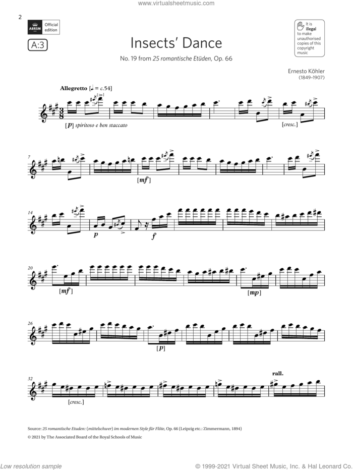 Insects' Dance (from 25 romantische Etuden) (Grade 7 A3 from the ABRSM Flute syllabus from 2022) sheet music for flute solo by Ernesto Köhler, classical score, intermediate skill level