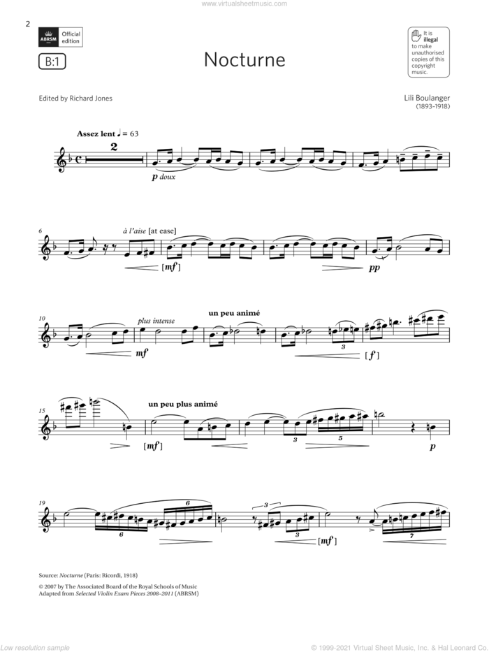 Nocturne (Grade 7 List B1 from the ABRSM Flute syllabus from 2022) sheet music for flute solo by Lili Boulanger, classical score, intermediate skill level