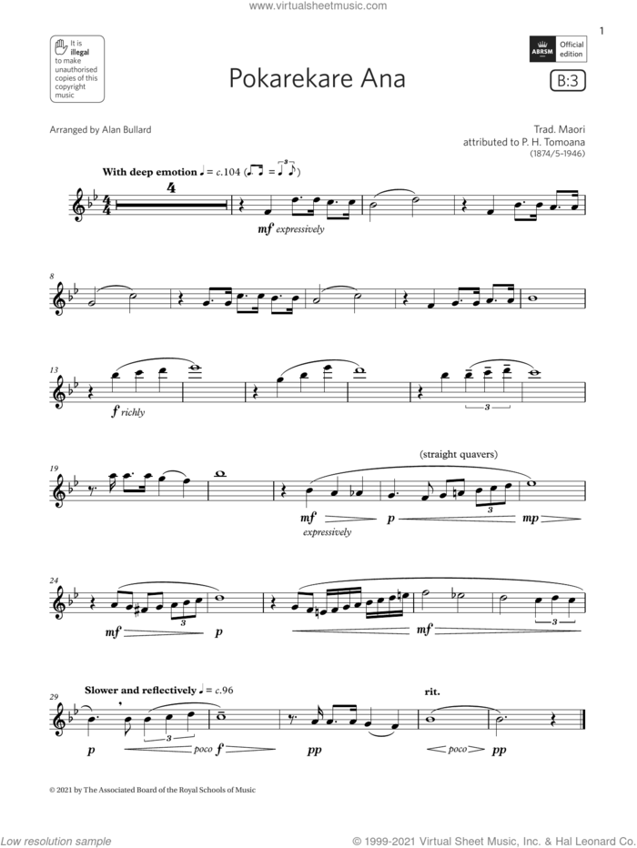 Pokarekare Ana  (Grade 3 List B3 from the ABRSM Flute syllabus from 2022) sheet music for flute solo by Trad. Maori, Alan Bullard and attrib. P. H. Tomoana, classical score, intermediate skill level