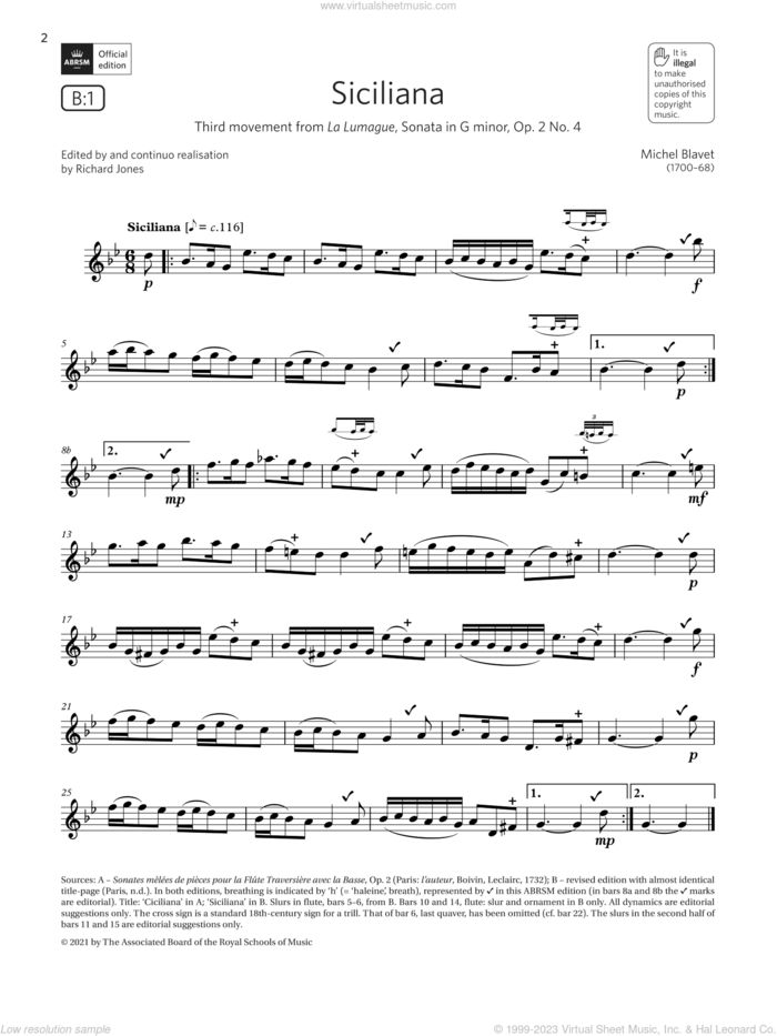 Siciliana (from Sonata in G minor, Op2 No4) (Grade 4 B1 from the ABRSM Flute syllabus from 2022) sheet music for flute solo by Michel Blavet, classical score, intermediate skill level