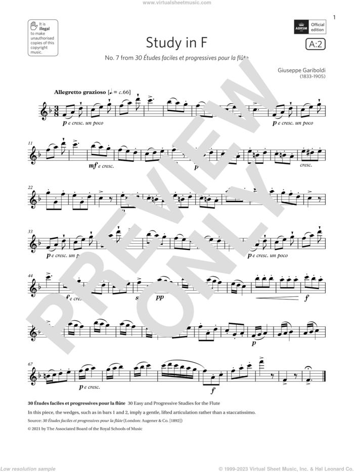 Study in F (Grade 3 List A2 from the ABRSM Flute syllabus from 2022) sheet music for flute solo by Giuseppe Gariboldi, classical score, intermediate skill level