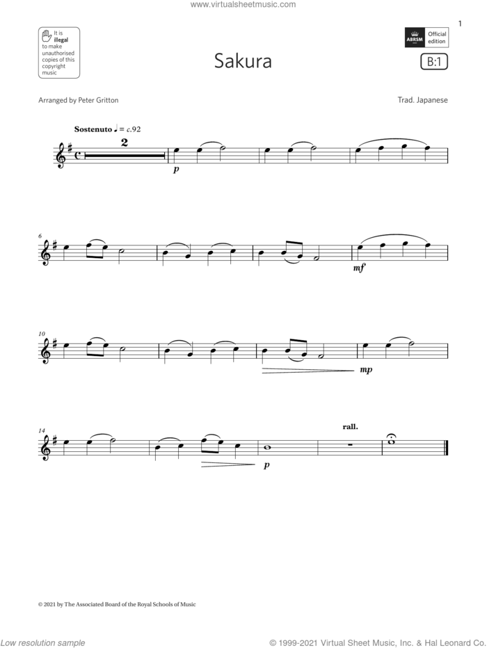 Sakura (Grade 1 List B1 from the ABRSM Flute syllabus from 2022) sheet music for flute solo by Trad. Japanese and Peter Gritton, classical score, intermediate skill level