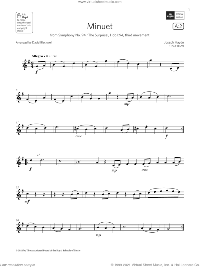 Minuet (from Symphony No. 94)  (Grade 1 List A2 from the ABRSM Flute syllabus from 2022) sheet music for flute solo by Franz Joseph Haydn and David Blackwell, classical score, intermediate skill level