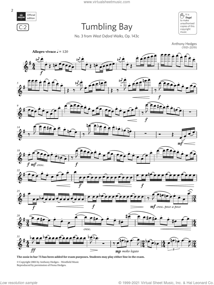Tumbling Bay (from West Oxford Walks) (Grade 7 List C2 from the ABRSM Flute syllabus from 2022) sheet music for flute solo by Anthony Hedges, classical score, intermediate skill level