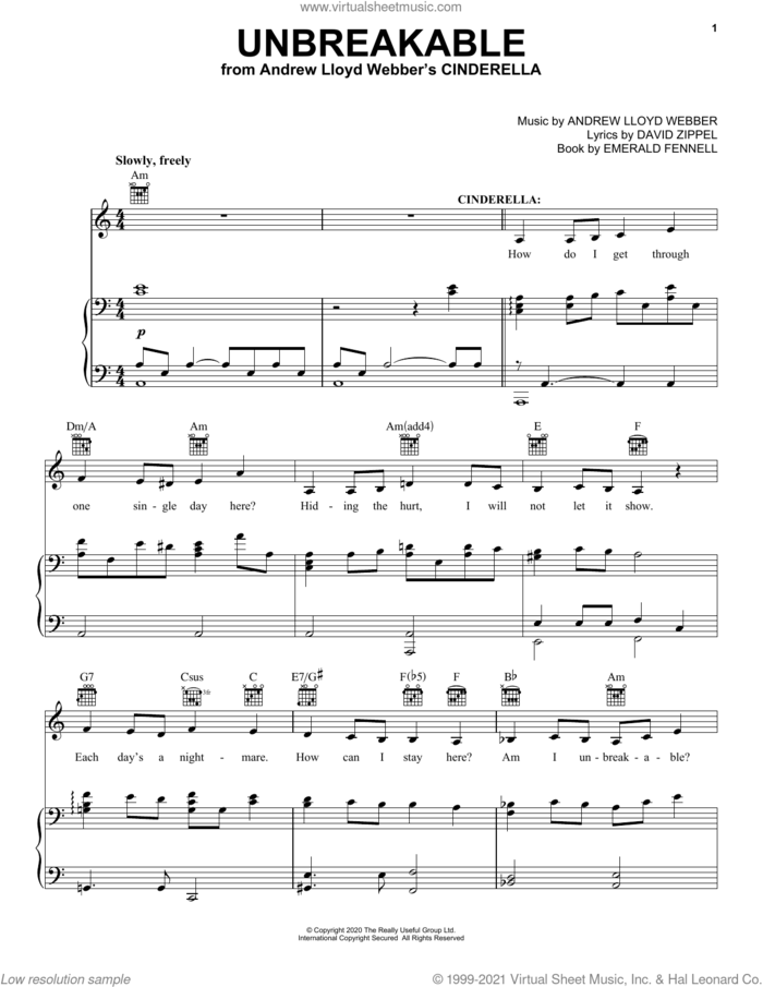 Unbreakable (from Andrew Lloyd Webber's Cinderella) sheet music for voice, piano or guitar by Andrew Lloyd Webber, David Zippel and Emerald Fennell, intermediate skill level